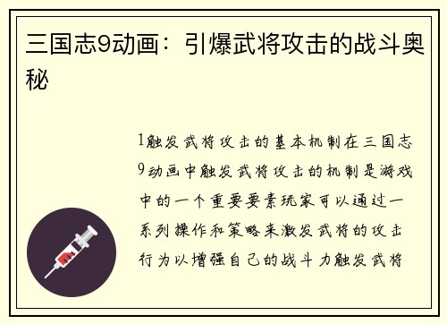三国志9动画：引爆武将攻击的战斗奥秘